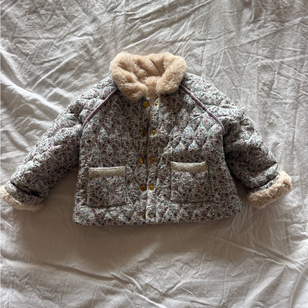 Louise Misha Floral Quilted Kids Jacket with Faux Fur Trim 3y